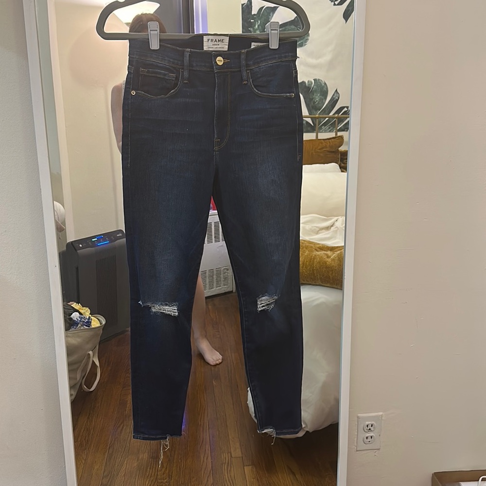 Dark Wash Frame Denim Distressed Skinny Jeans